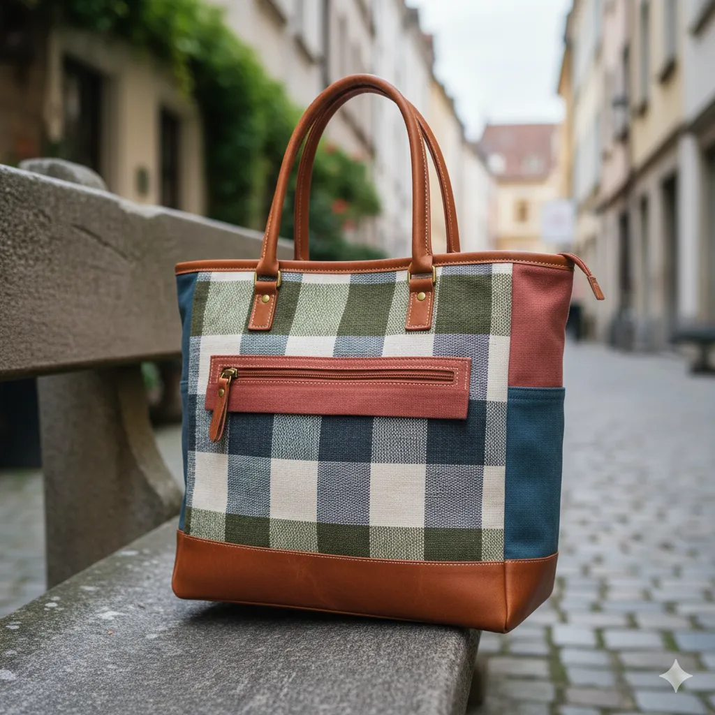 Patchwork city tote with muted checks and solid panels