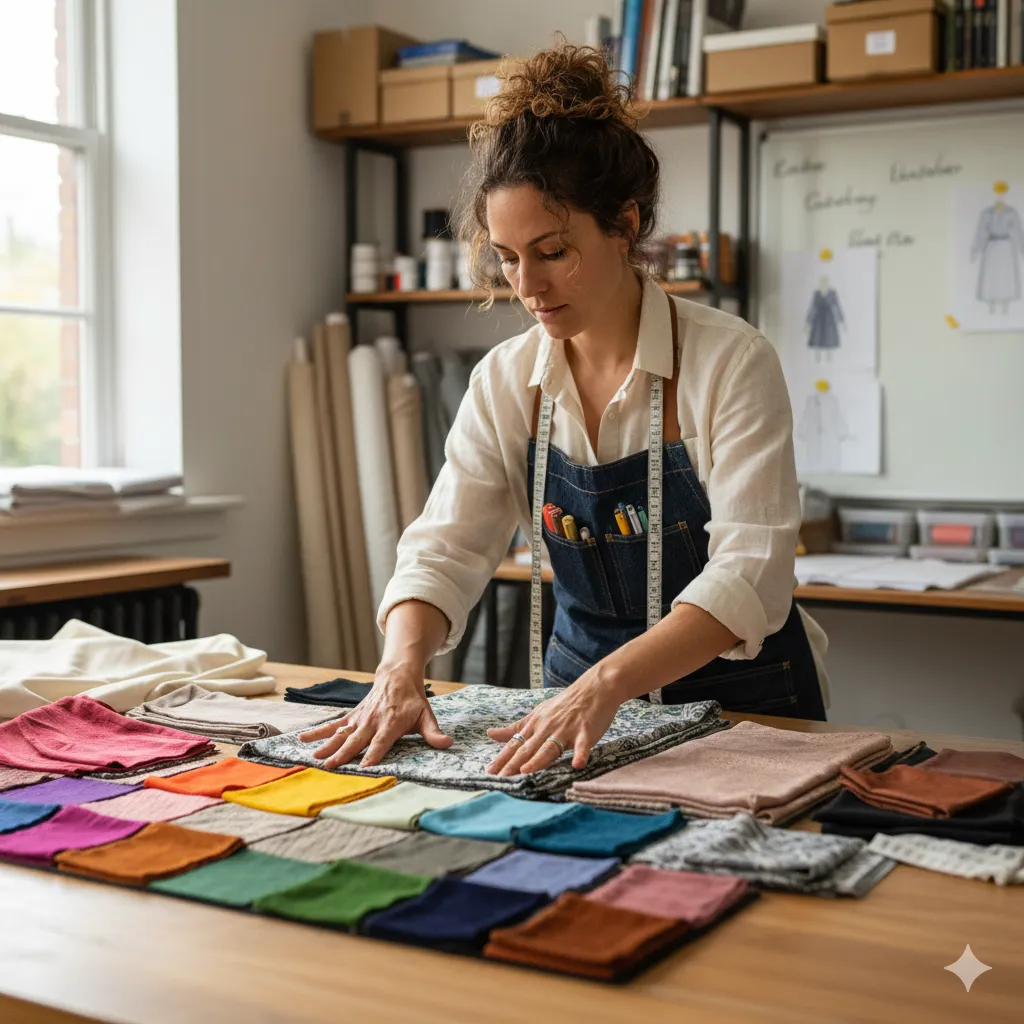 Portrait of the fabric specialist arranging swatches