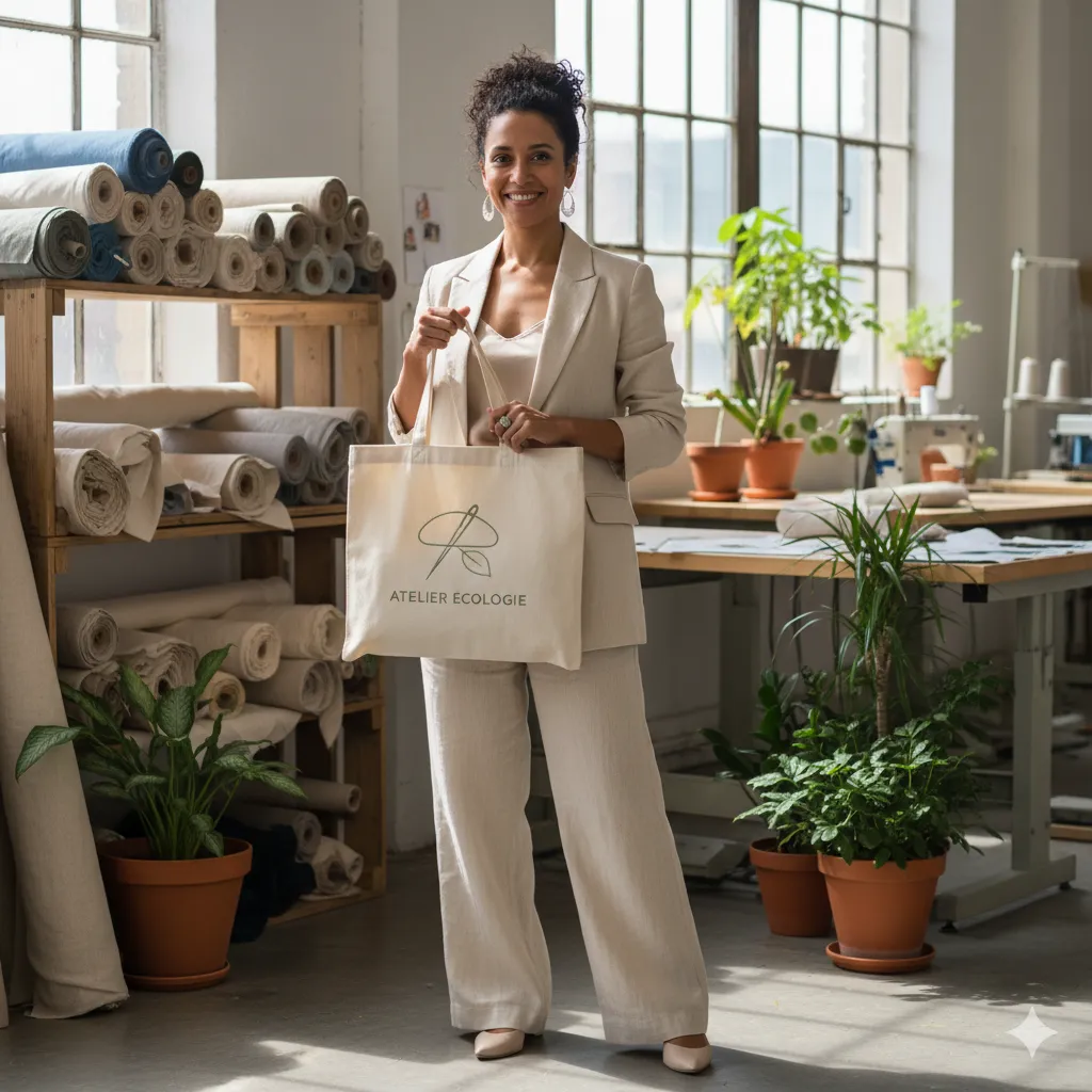 Portrait of the founder and designer holding a fabric tote